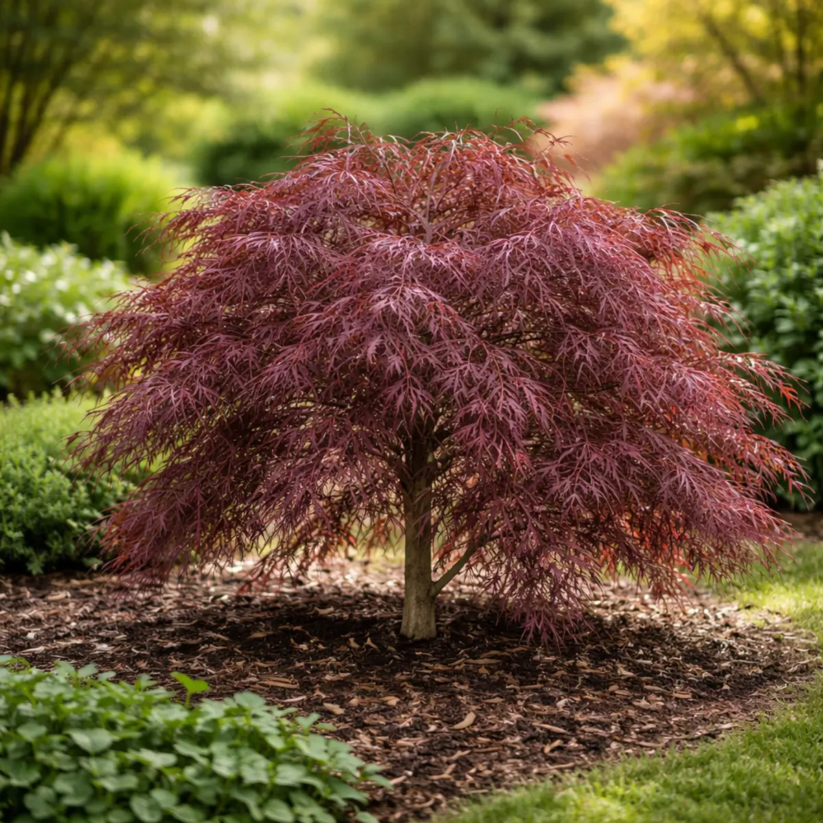 A weeping laceleaf Japanese Maple 'Crimson Queen' forming a low, spreading mound of finely dissected crimson-red foliage in a mulched garden bed.