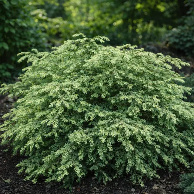 Mounding, weeping dwarf hemlock with soft green needles and pale creamy new growth at the branch tips.